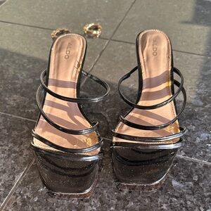 Aldo Black Patent Multi-Strap Square-Toe Slide Sandals